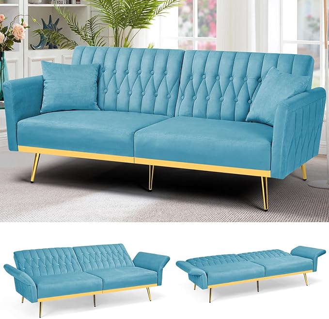 70” Velvet Futon Sofa Bed with 2 Pillows and Adjustable Armrests, Convertible Sleeper Bed