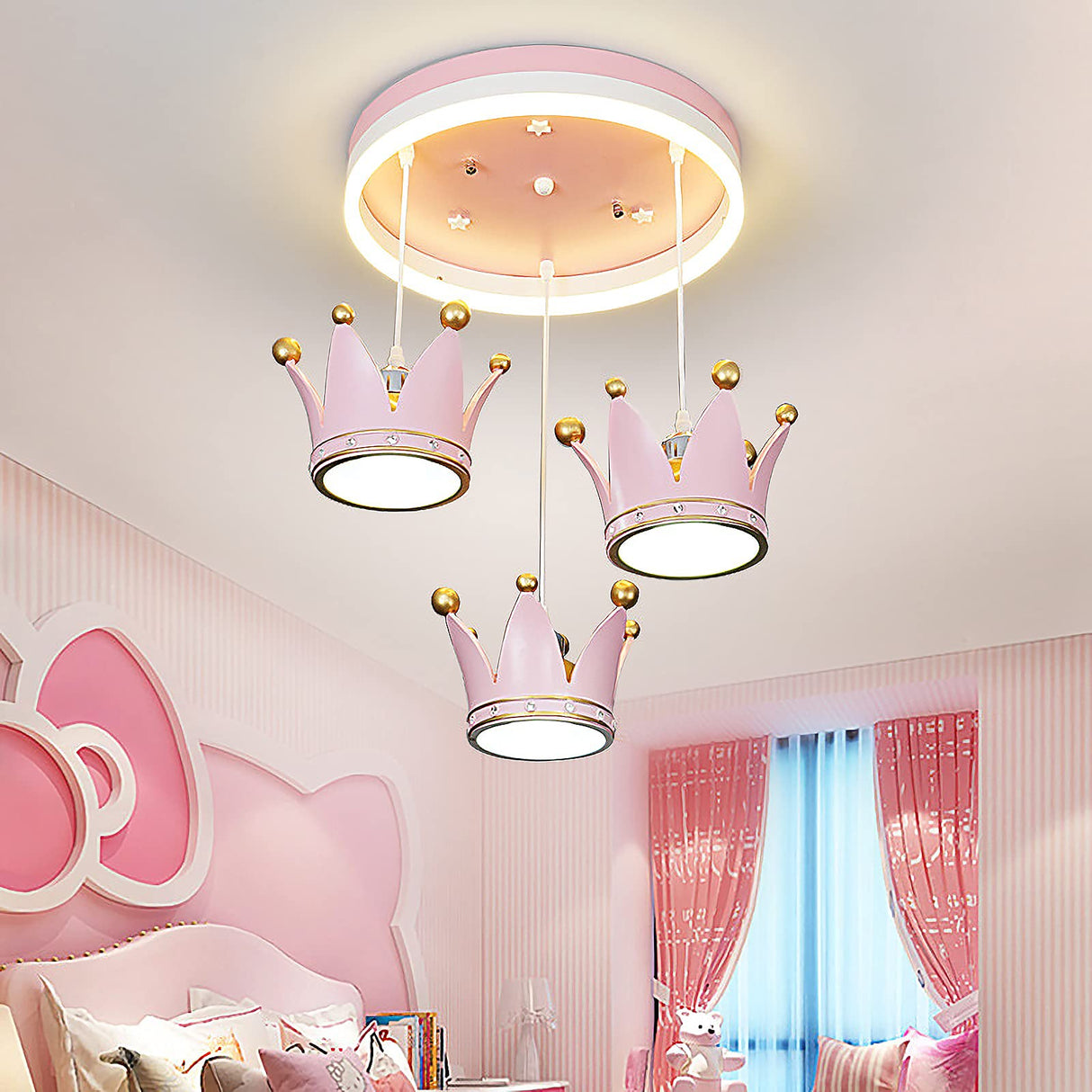 Pink Crown Chandelier for Kids Room - Modern Princess Pendant Light