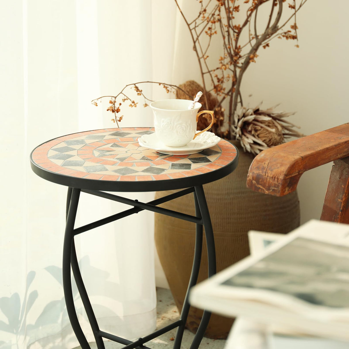 VCUTEKA Mosaic Outdoor Side Table - Small Patio Table Coffee Table Outside Accent Table Round End Plant Table for Bistro Balcony Porch Outdoor Benches 14'' Mosaic Table - Bircata