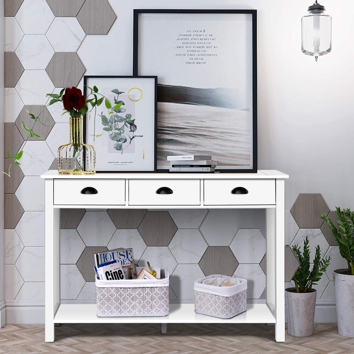 Console Table with 3 Drawers, Sofa Side Table with Shelf