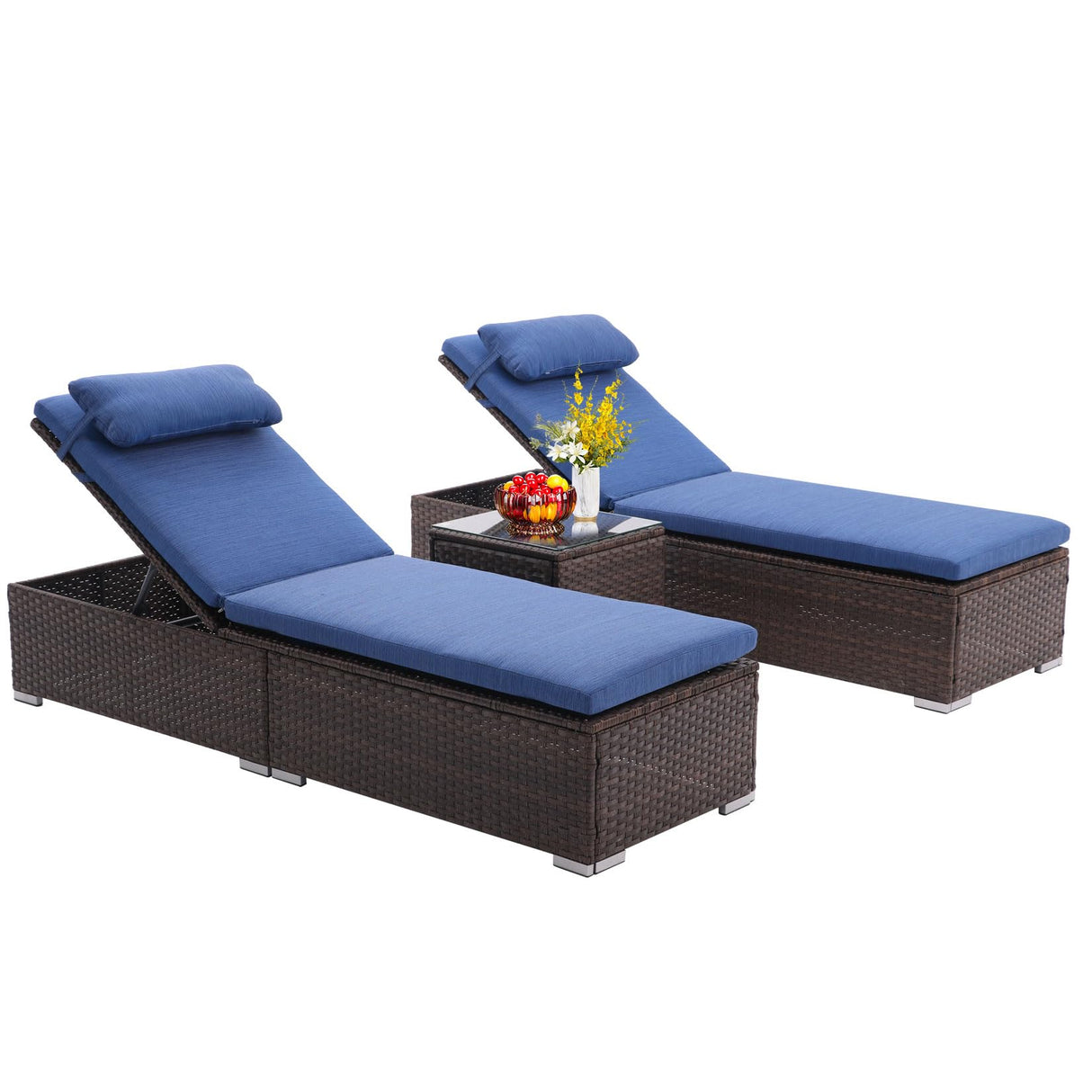 Outdoor Patio Chaise Lounge Chairs, 5-Level Adjustable Rattan Pool Lounger, All Weather Lounge Chair with Coffee Table & Thicken Cushion, for Patio, Backyard, Porch, Garden, Beach, Poolside (3 Pcs)