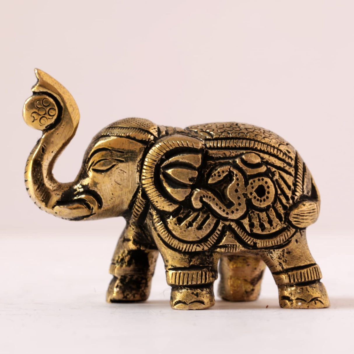 Brass Elephant with Om and Kalash Good Luck Charm Religious Gifts for Home Mandir