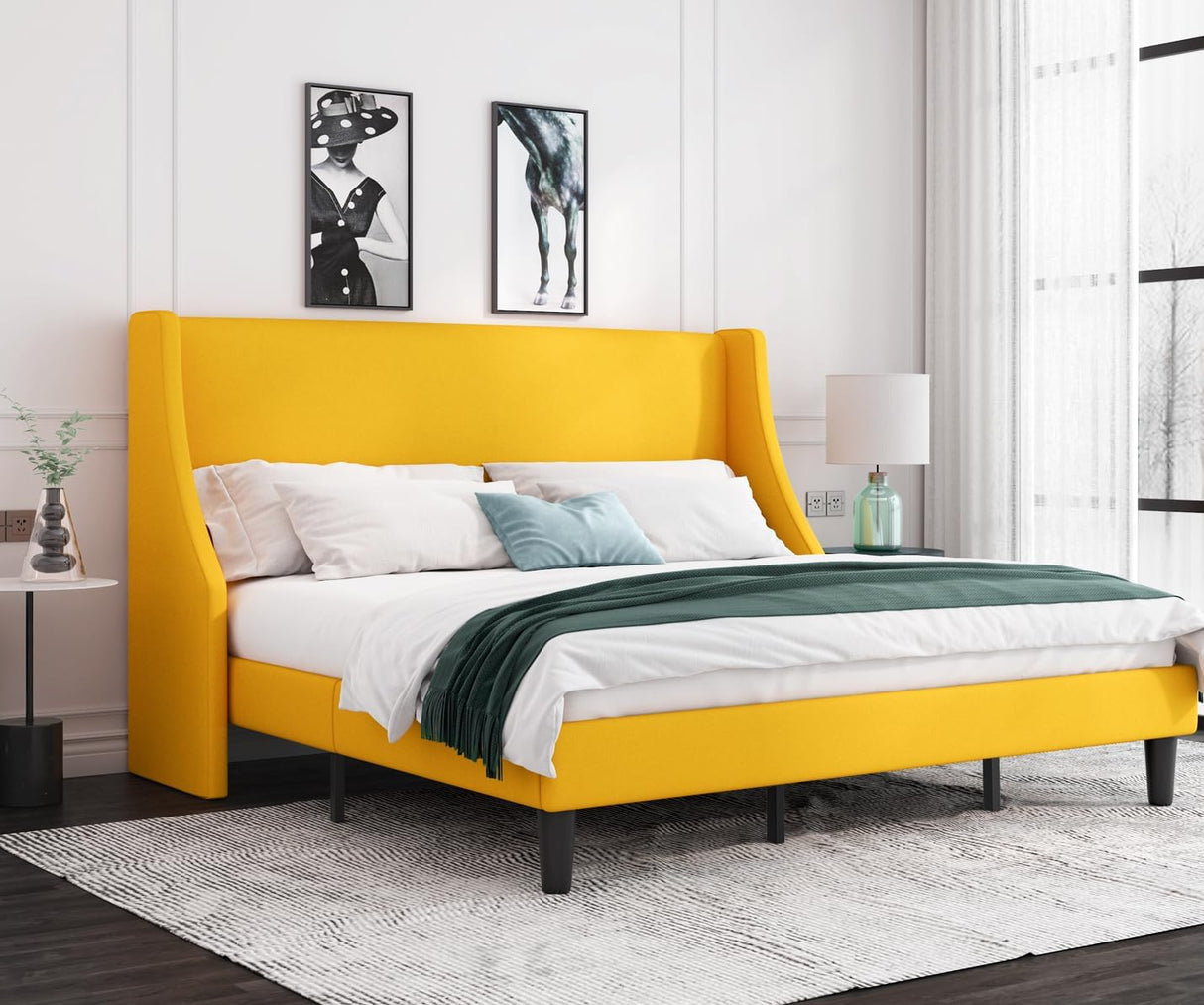 King Size Bed Frame, Platform Bed Frame with Upholstered Headboard, Modern Deluxe Winback,