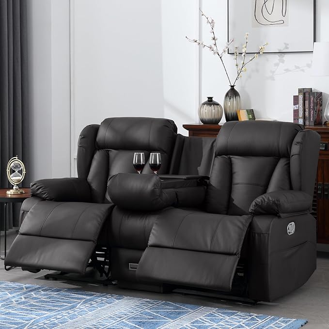 Loveseat Recliner RV Sofa – Manual Reclining Sofa with Console, Cup Holders & USB