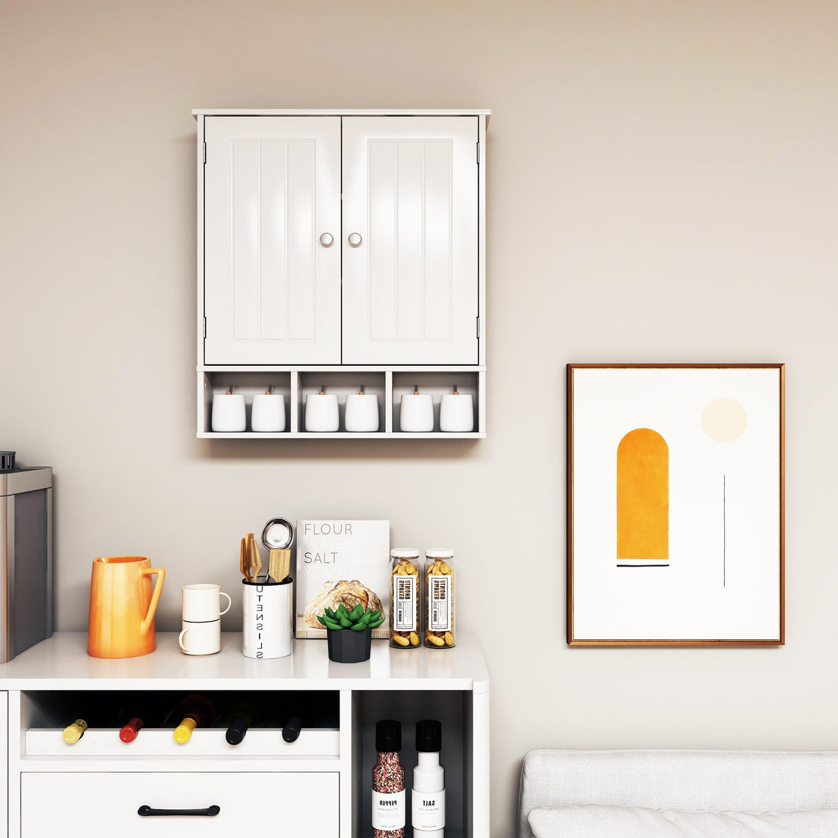 Bathroom Medicine Cabinet 2 Doors with 3 Open Shelves, Over The Toilet Storage