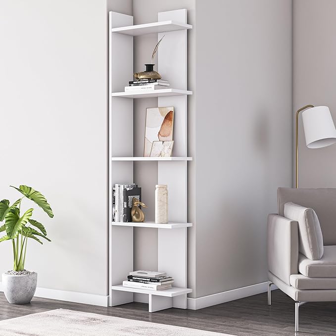 67" Tall Corner Bookcase/Bookshelf Shelving Unit (Marble/White)