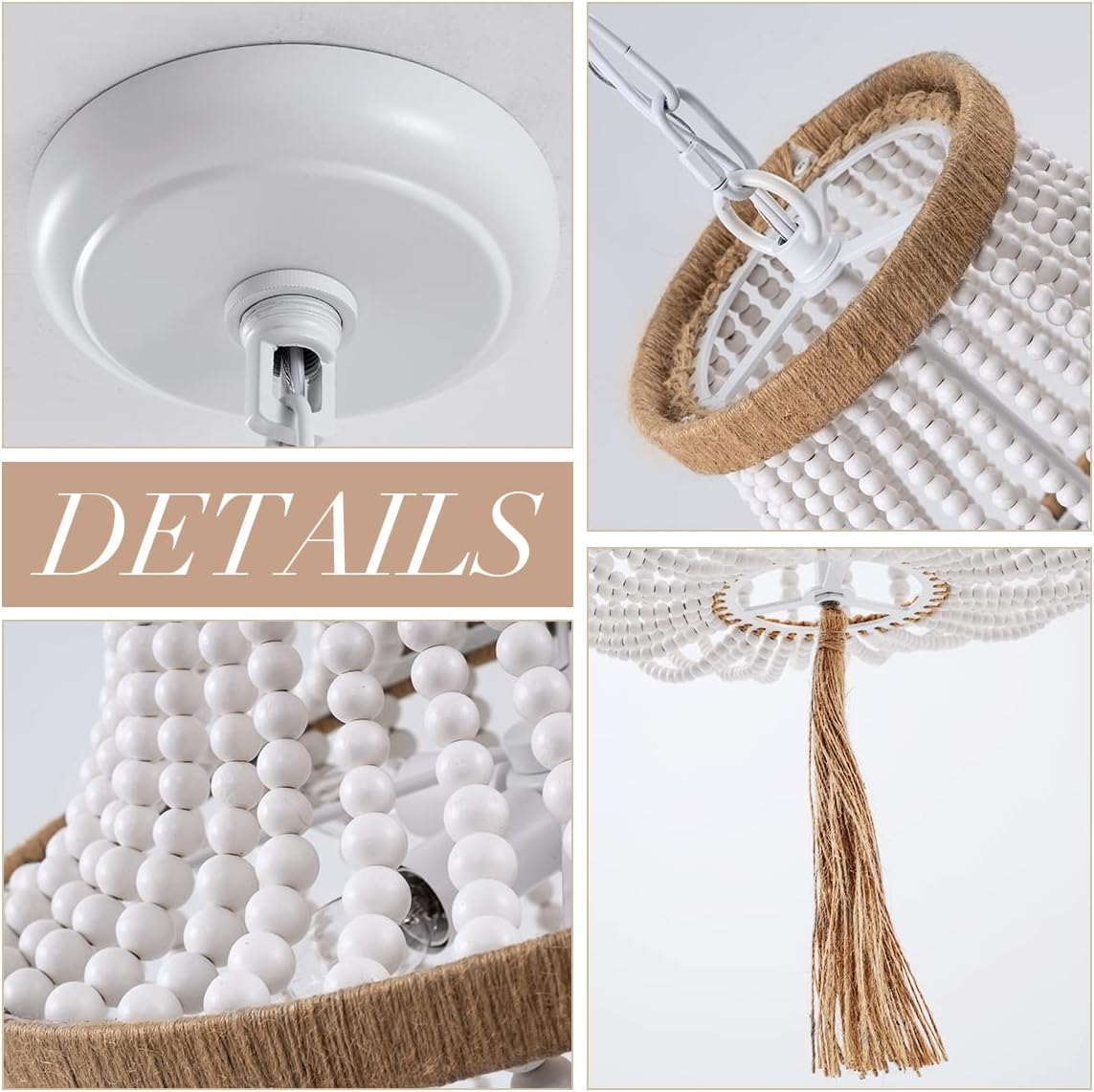 4 Lights Wood Beaded Farmhouse Chandelier with Tassels Bohemia Antique Rustic