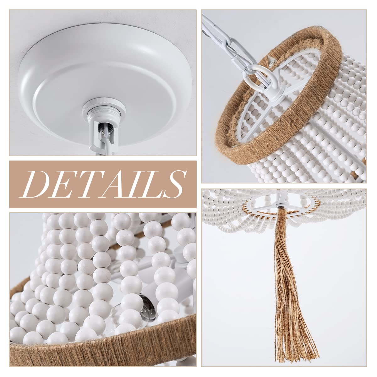 4 Lights Wood Beaded Farmhouse Chandelier with Tassels Bohemia Antique Rustic