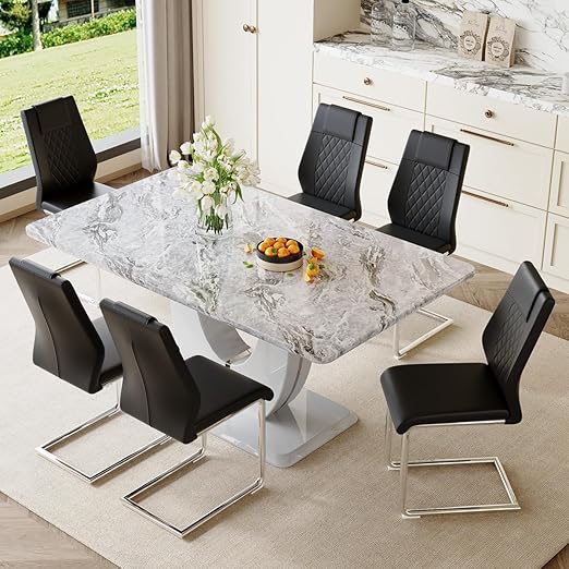 Modern 7-Piece Dining Set - 63" Faux Marble Table with 6 Upholstered Chairs