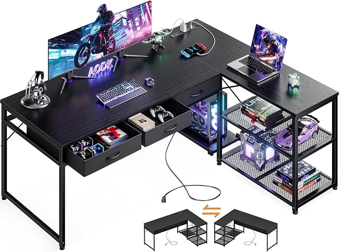 Inch L Shaped Computer Desk with Drawers, Corner Desk with Power Outlets & Reversible Storage Shelves, Movable CPU Stand for Home Office Gaming, Oak Grey