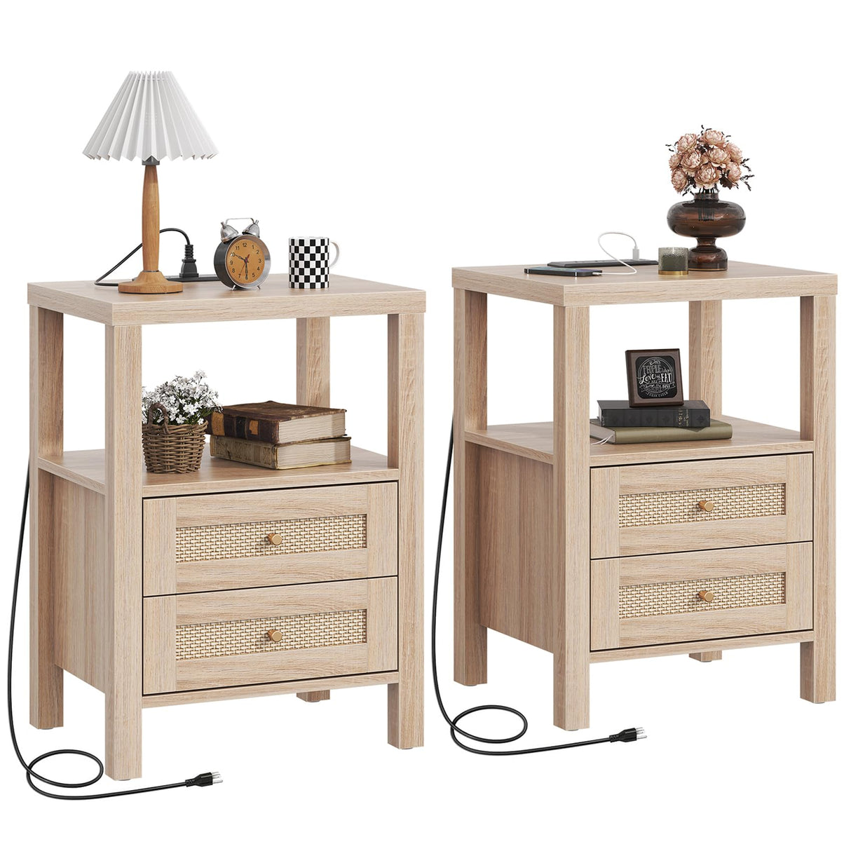 Rattan Nightstands Set of 2 with Charging Station, Farmhouse End Tables with 2 Drawers