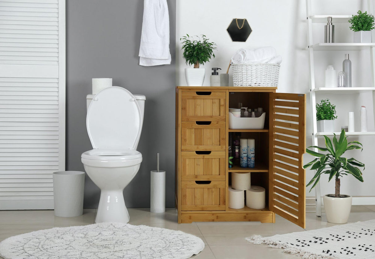 Small Storage Cabinet Bamboo with 4 Drawers and 1 Cupboard, Freestanding Compact Floor Cabinet Bamboo for Entryway