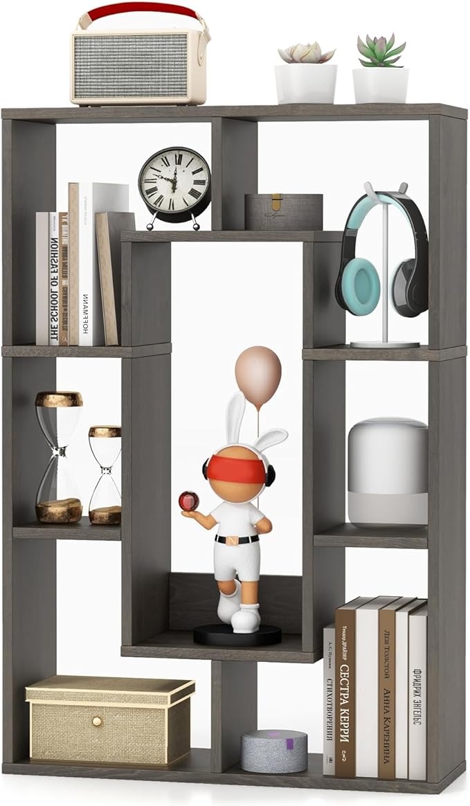 35.5” Geometric Bookshelf, Freestanding Wood Open Bookcase with 7 Cubes, Anti-Toppling Devices, Home Office Décor Rectangular Storage Shelf Display Rack for Study Living Room (1, White)