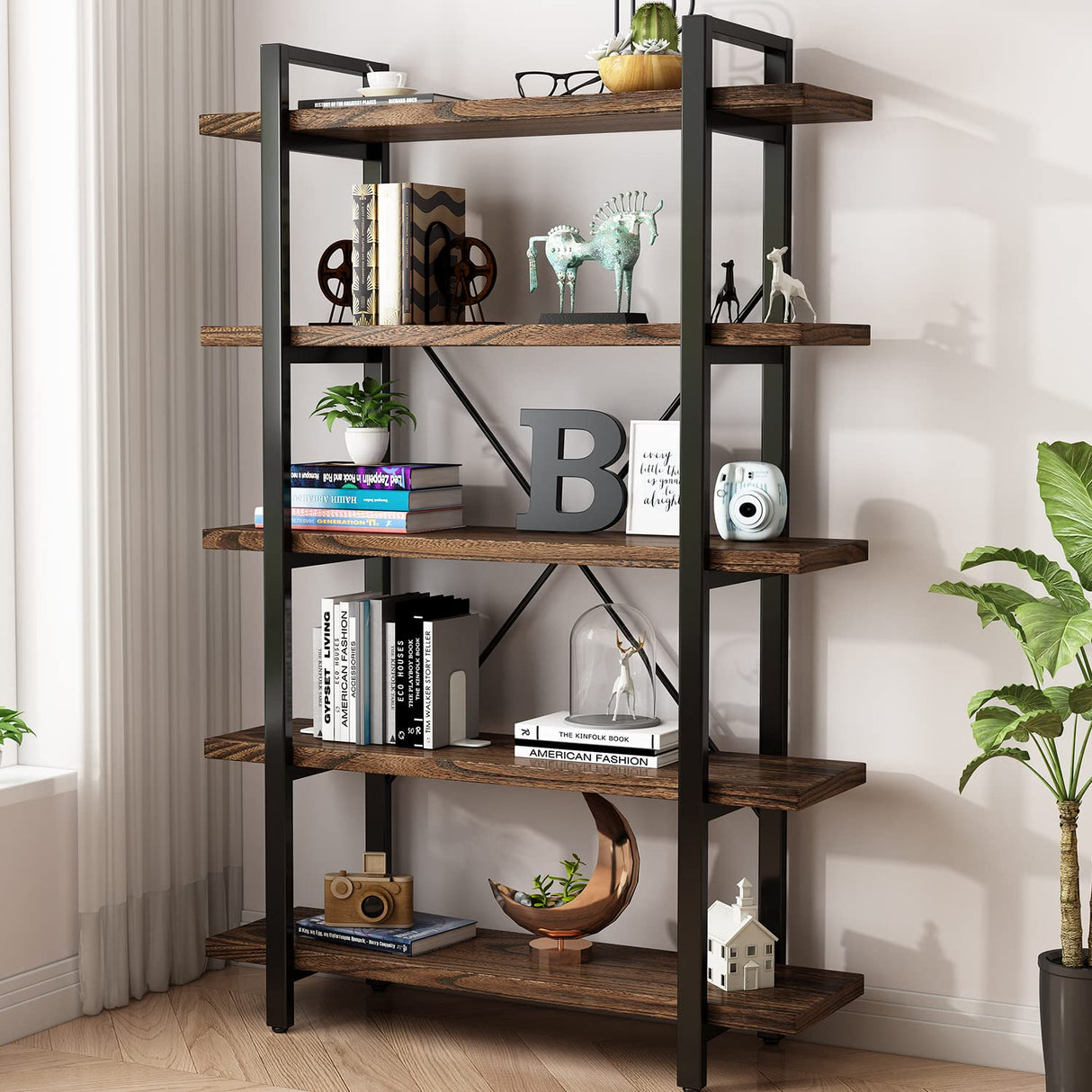 Industrial Style Solid Wood Bookcase and Book Shelves,Rustic Wood and Metal Shelving Unitļ¼ Living Room,Modern Rustic Open Industrial Book Shelf Office,Distressed Brown (AY-02-5Tier)