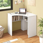White Corner Desk with Storage Shelves, Space-Saving Triangle Study Writing Desk