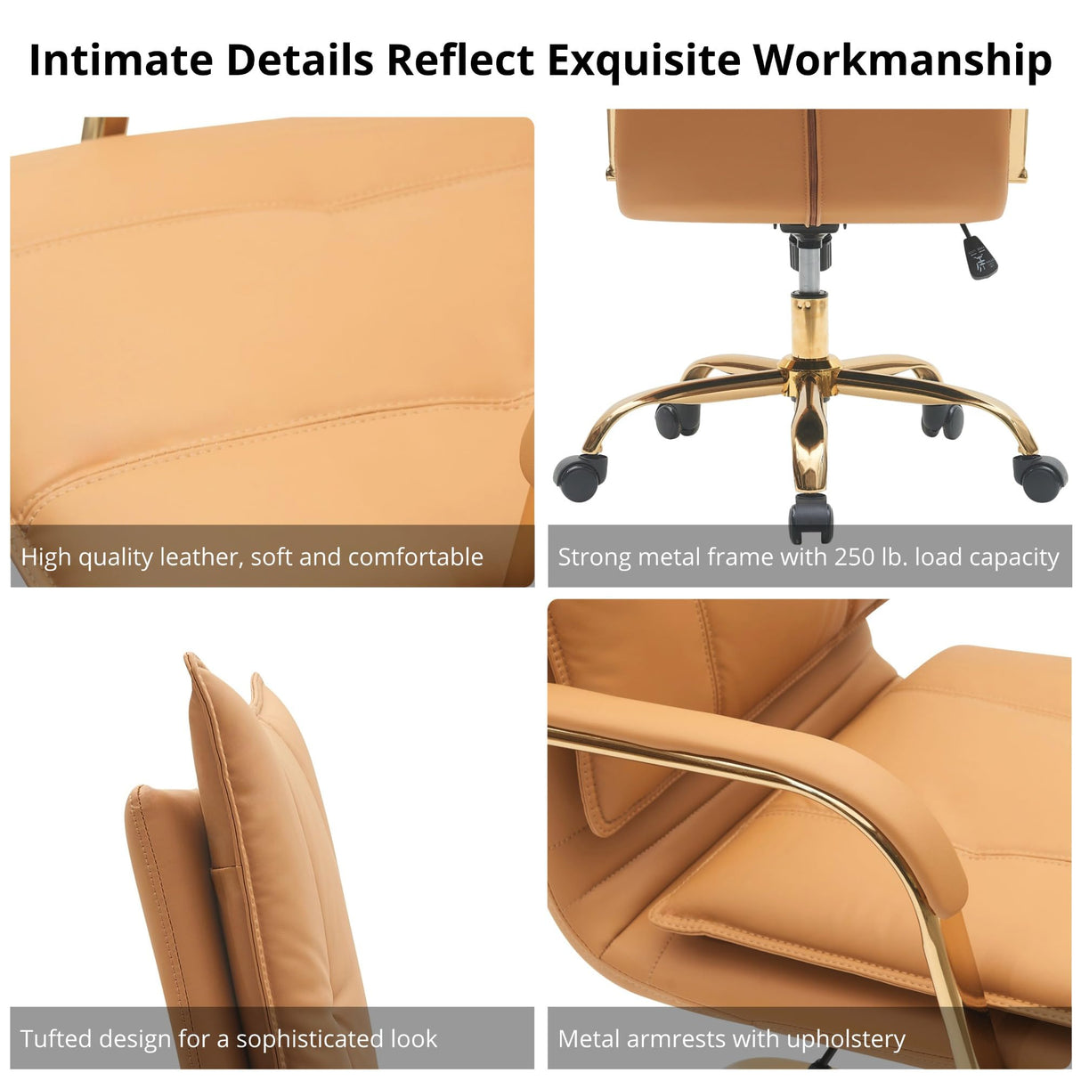 Leather Mid-Back Office Chair with Golden Legs - Camel