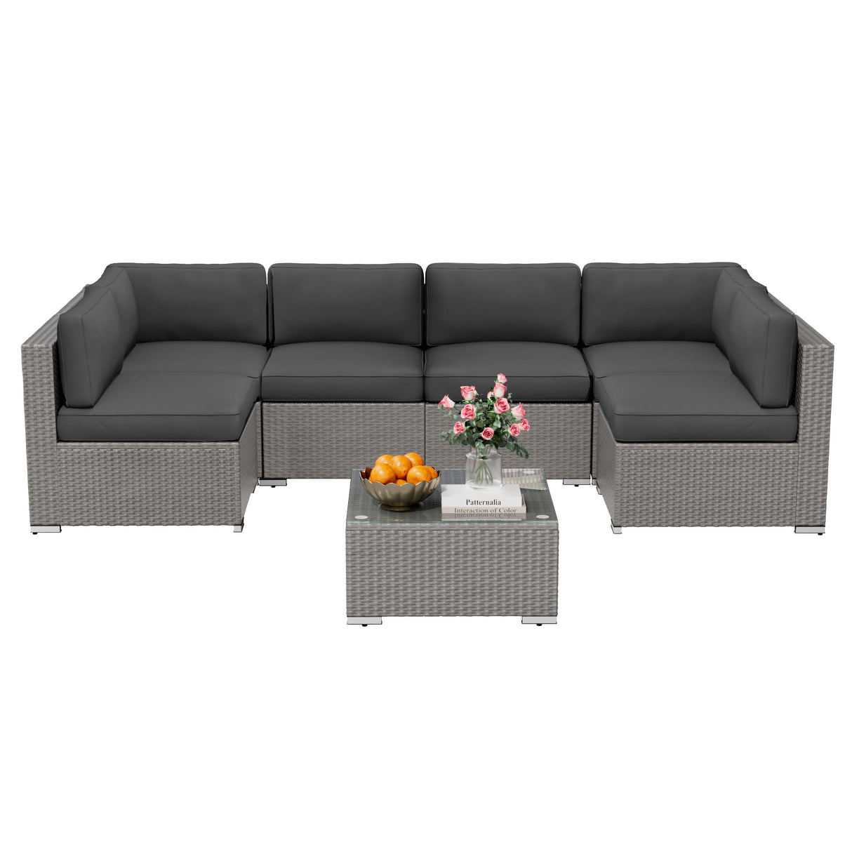 7 Piece Outdoor Sectional Sofa Patio Furniture Set, All-Weather PE Grey Wicker Patio Conversation Set