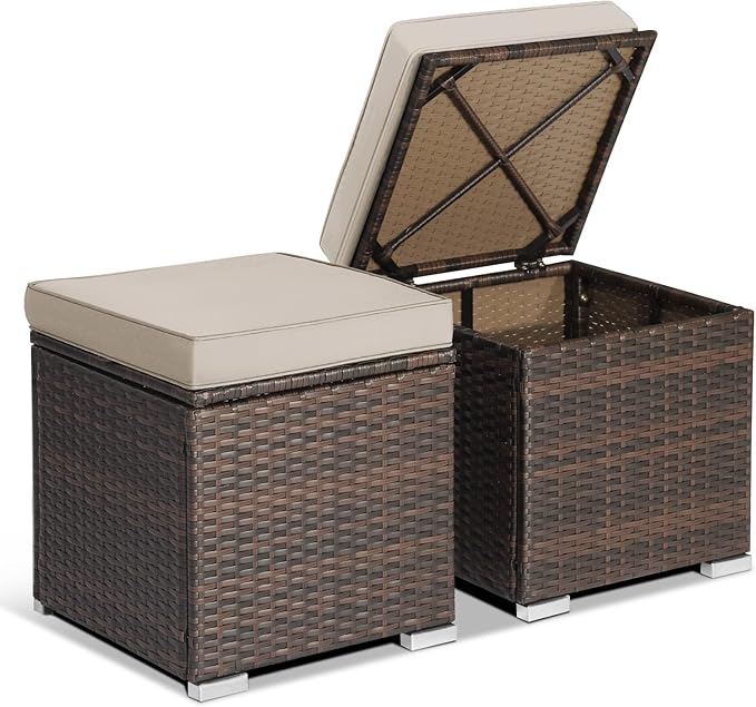 2-Pieces Patio Ottoman Set Outdoor Wicker Stool with Storage, Rattan Footrest Ottoman
