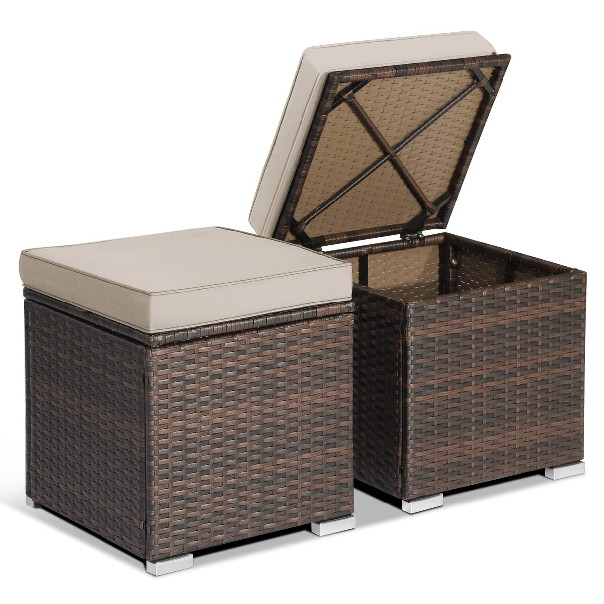 2-Pieces Patio Ottoman Set Outdoor Wicker Stool with Storage, Rattan Footrest Ottoman