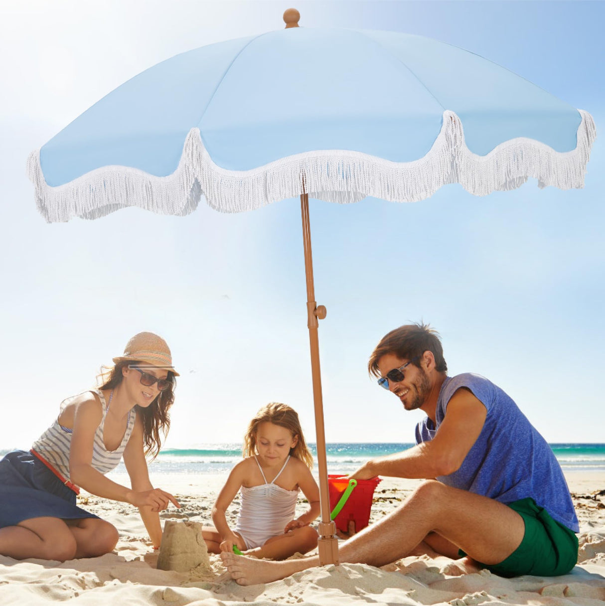 7 ft Heavy Duty Beach Umbrella with Sand Anchor, Fringe Umbrella for Sand