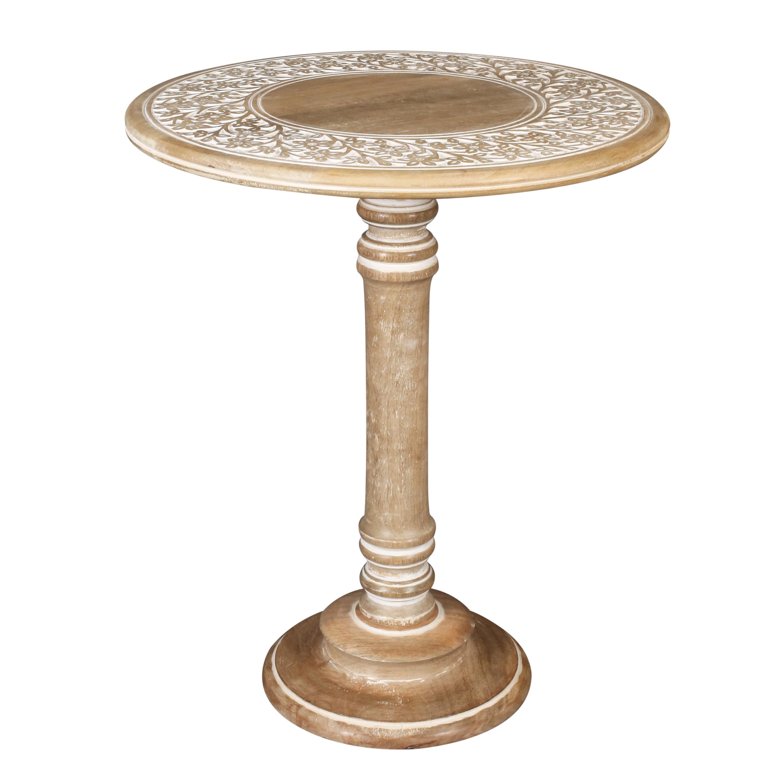 Carved Round End Table with Single Pillar, Unique Accent Piece for Living Room