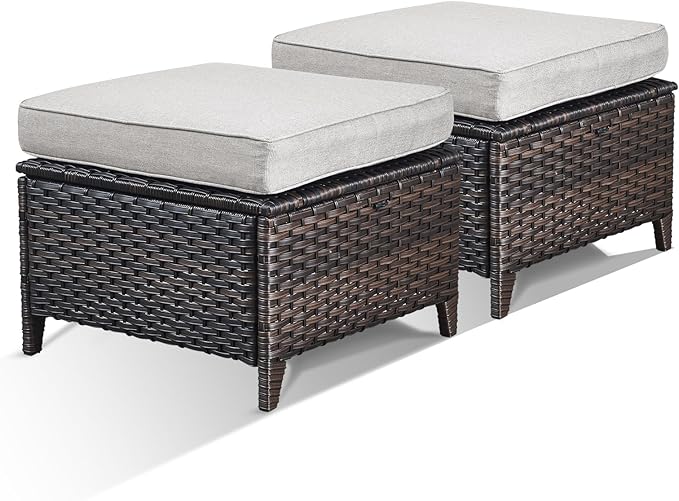 Patio Ottomans Set of 2 Outdoor Ottomans Wicker Foot Stools 2 Piece Footrest PE