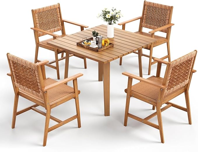 7 Pieces Patio Dining Set, Outdoor Table Chairs Set for 6, 1 x Rectangular Expandable Acacia Wood Table