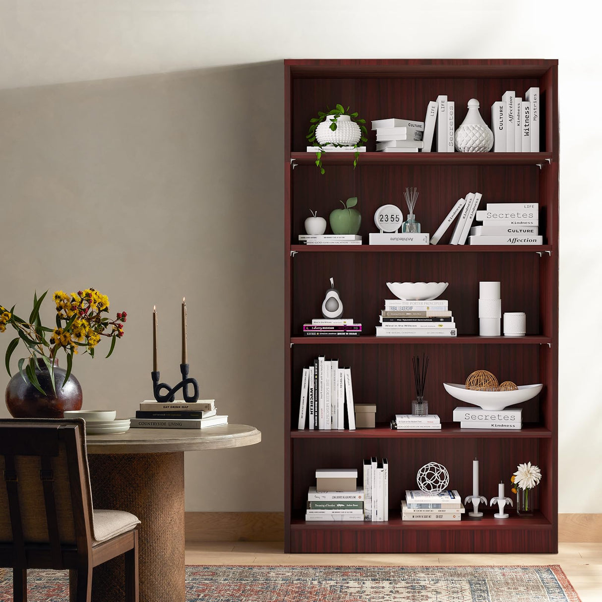 Soohow 5 Shelf Bookcase,60 Inch Wood Tall Bookshelves for Living Room,Mahogany