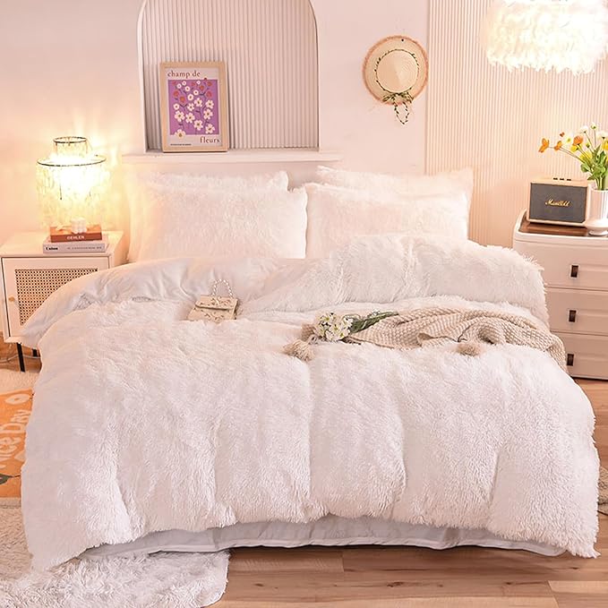 Fluffy Plush Duvet Cover Full Size, Luxury Shaggy Ultra Soft Bedding Set, 3 Pieces Warm