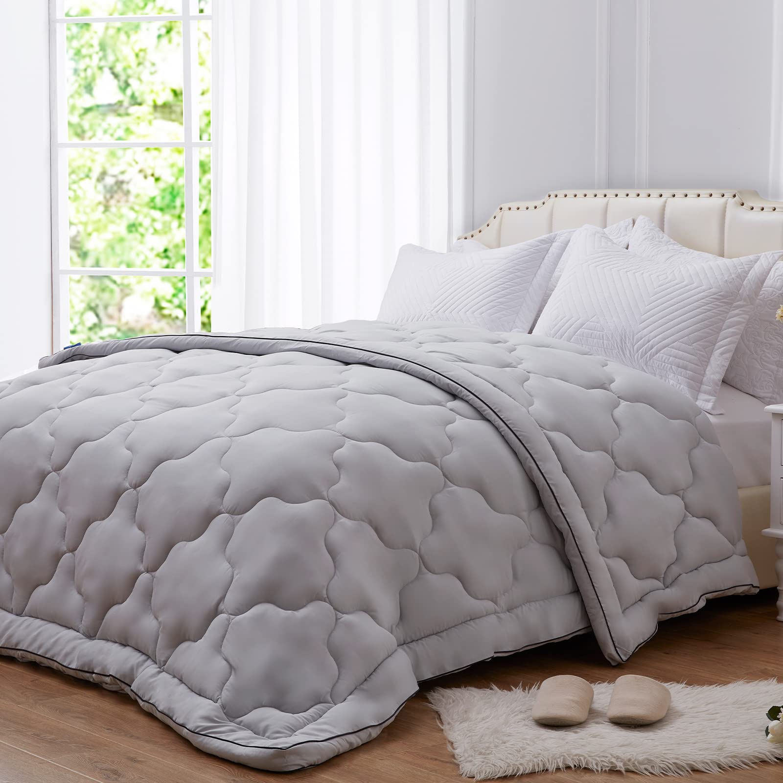 NexHome Comforter Duvet Insert - Quilted Comforters Queen Size, All Season Duvet, Down Alternative Bedding Comforter with Corner Tabs (Light Grey,Queen 88"x88")