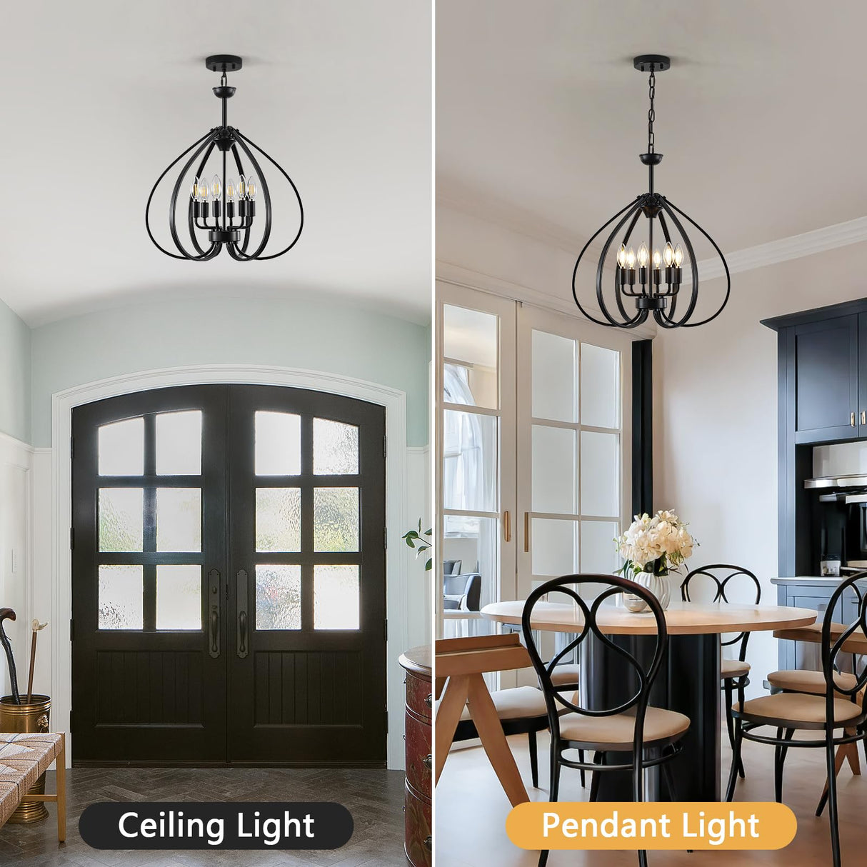 6-Light Black Farmhouse Chandelier - 19.6 Inch Industrial Pendant Light