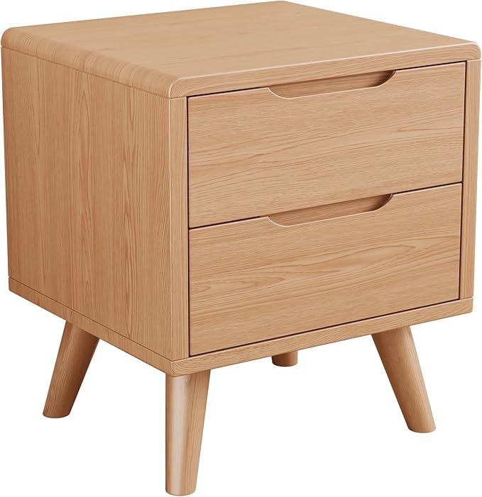 Wood Nightstand with Drawers, Mid-Century Modern Nightstand
