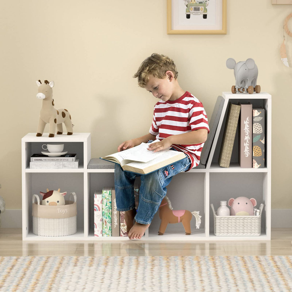 Kids Reading Nook with Bench, Toddler Bookcase with 6 Cubby and Seat Cushion