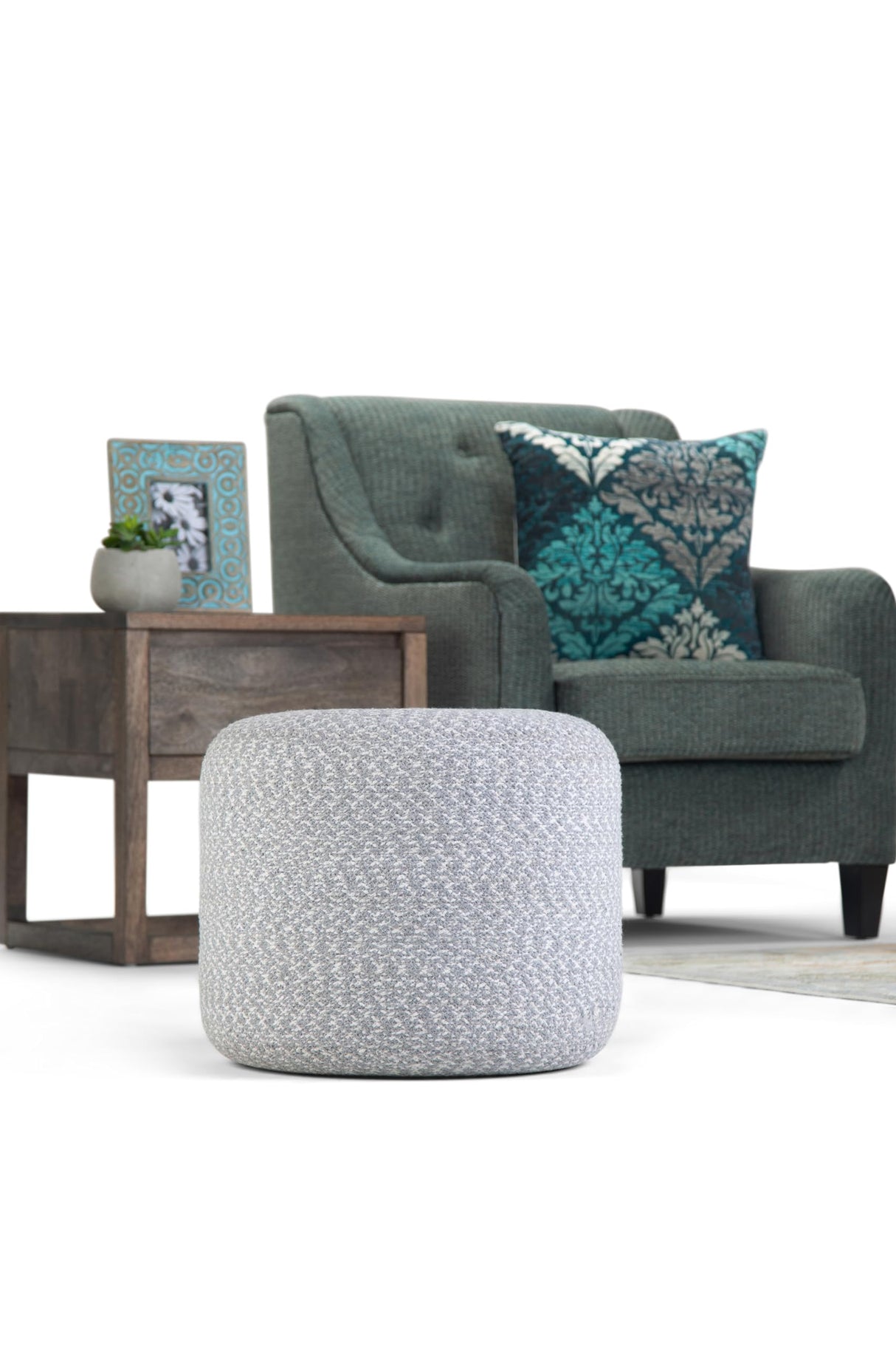 Bayley Round Braided Pouf, Footstool, Upholstered in Blue