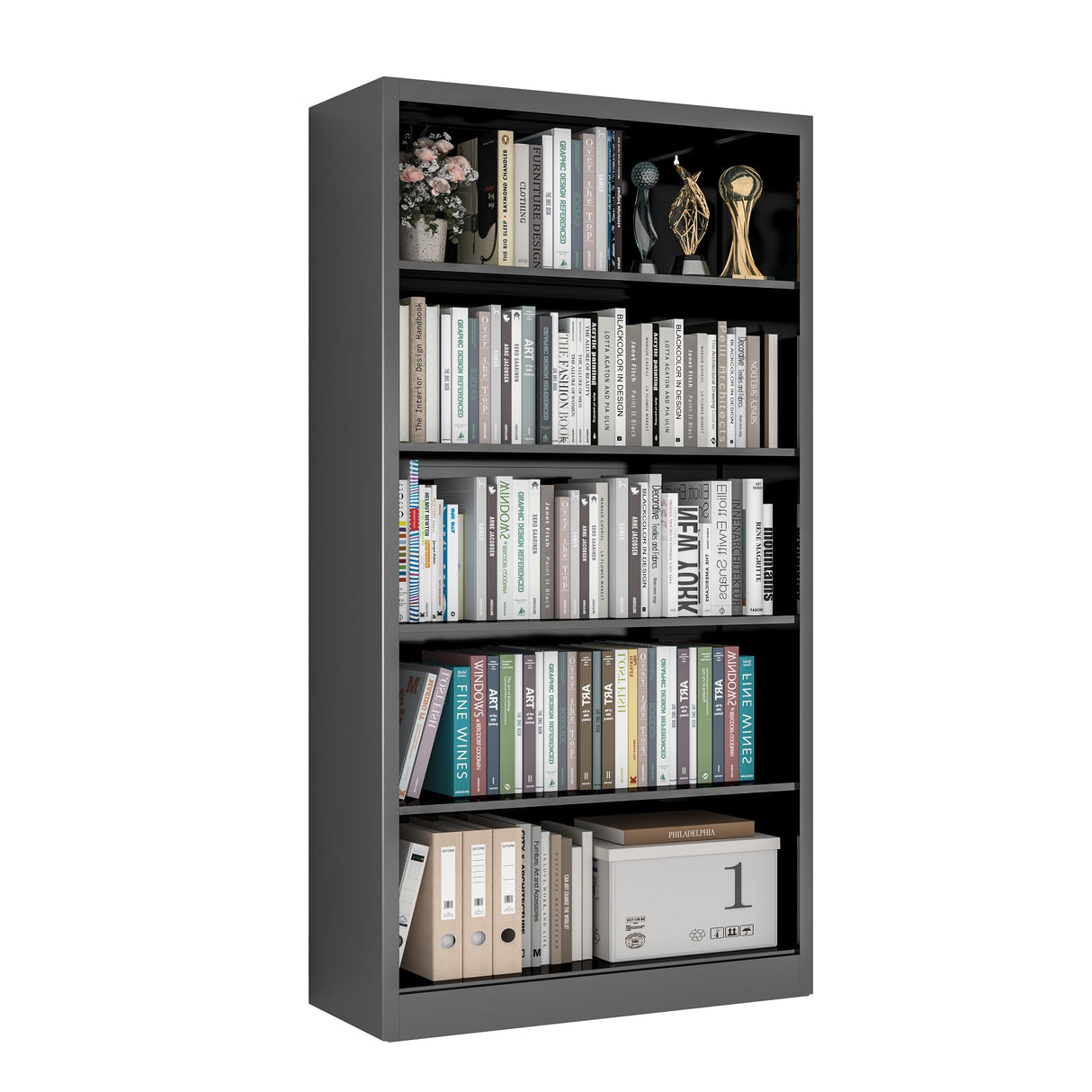 5 Tier Metal Bookshelf, 66" Tall Bookcase, Adjustable Bookshelves and Bookcases