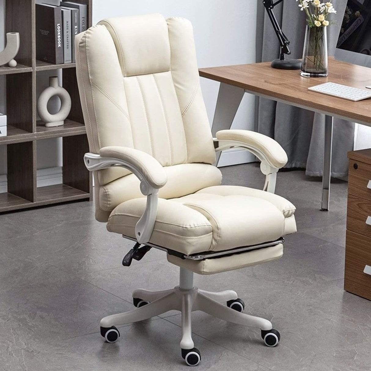 Executive Office Chair,150° Adjustable Tilt Comfort Lounge Chair, Ergonomic Office Chair with Padded Arms for Home Office Boss Chair,300lbs(Seat Height 18.5"-21.6", Beige)