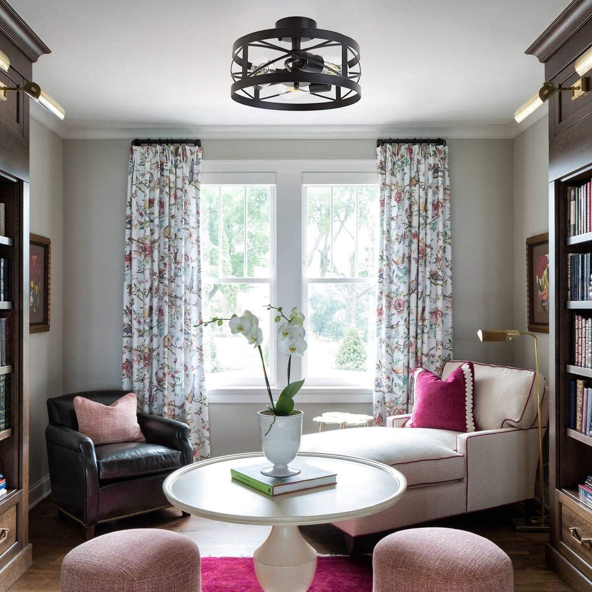 Rustic Industrial 3-Light Semi-Flush Mount Ceiling Light 13" Matte Black Round Lighting