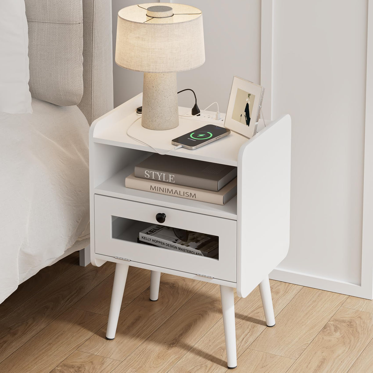 Nightstand with Charging Station,Mid-Century Modern Bedside Table with Storage Drawer