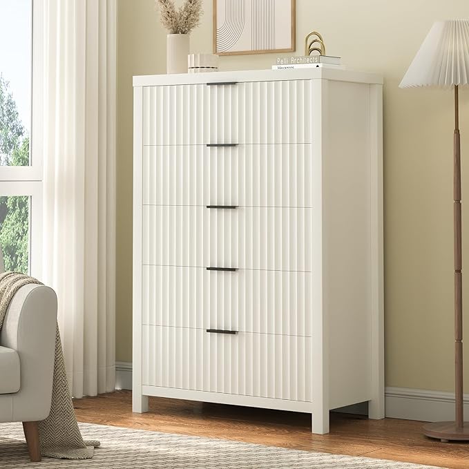 Fluted 6 Drawer Dresser with Power Outlet and LED Lights,Modern Chest of Drawers