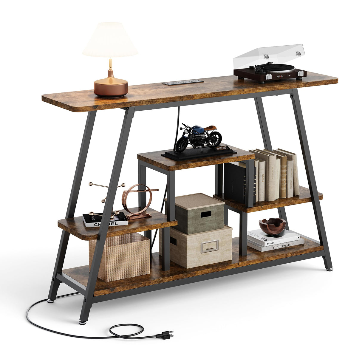 BedsPick 47.3" Console Table with Outlet, Entryway Table with 4-Tier Storage Shelves, Narrow Sofa Table with Charging Station, Couch Table Behind Sofa for Entryway, Hallway, Living Room, Rustic Brown