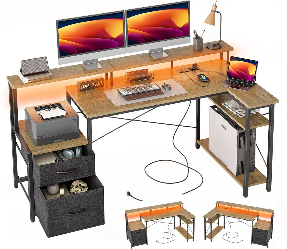 Computer Desk L Shaped with Drawers, 65” Gaming Desk with Power Outlets and LED Strips
