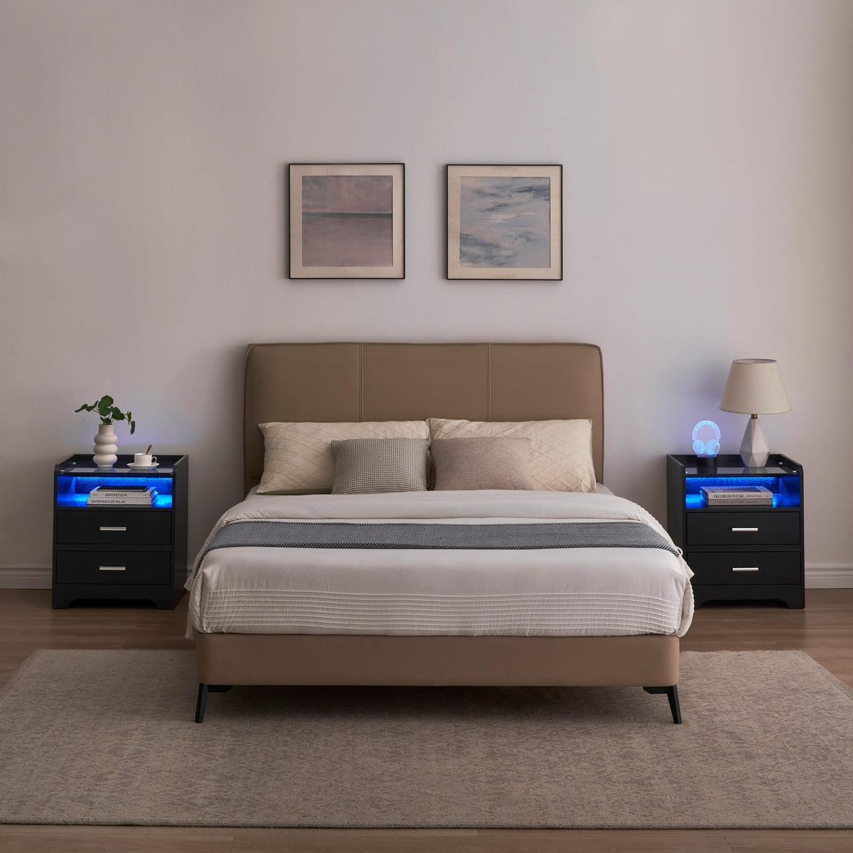 Smart LED Night Stand with 2 Drawers and Glass Top