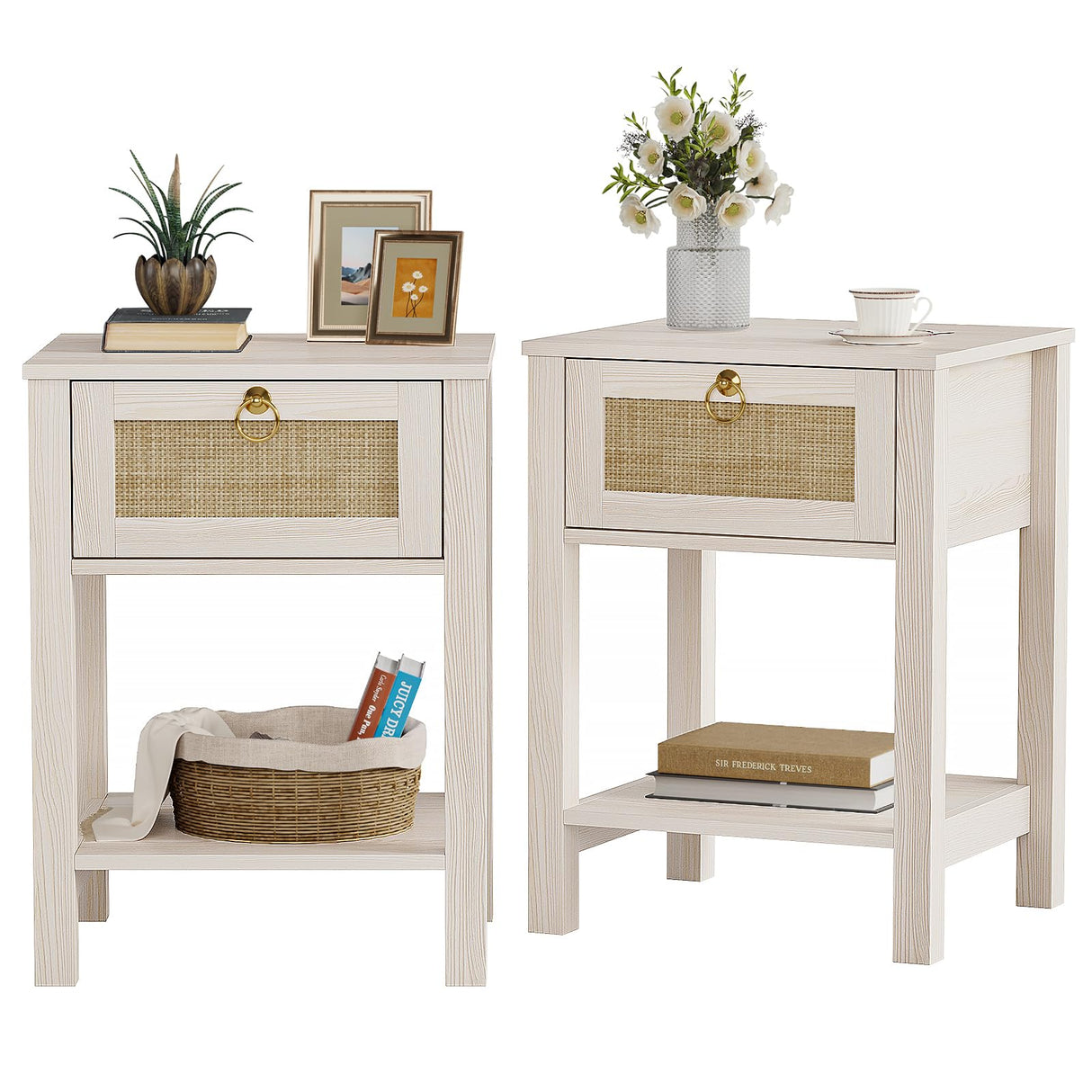Rattan White Nightstand Set of 2: Sturdy Wood Night Stand