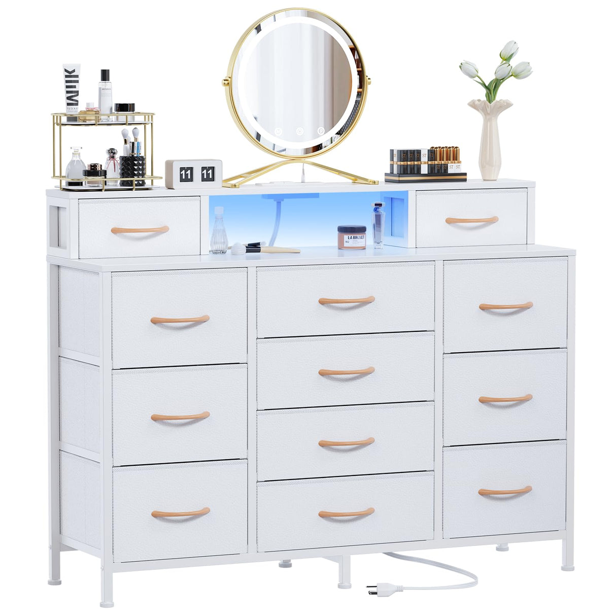 White Dresser with LED Lights & Charging Station,47" Long Dresser
