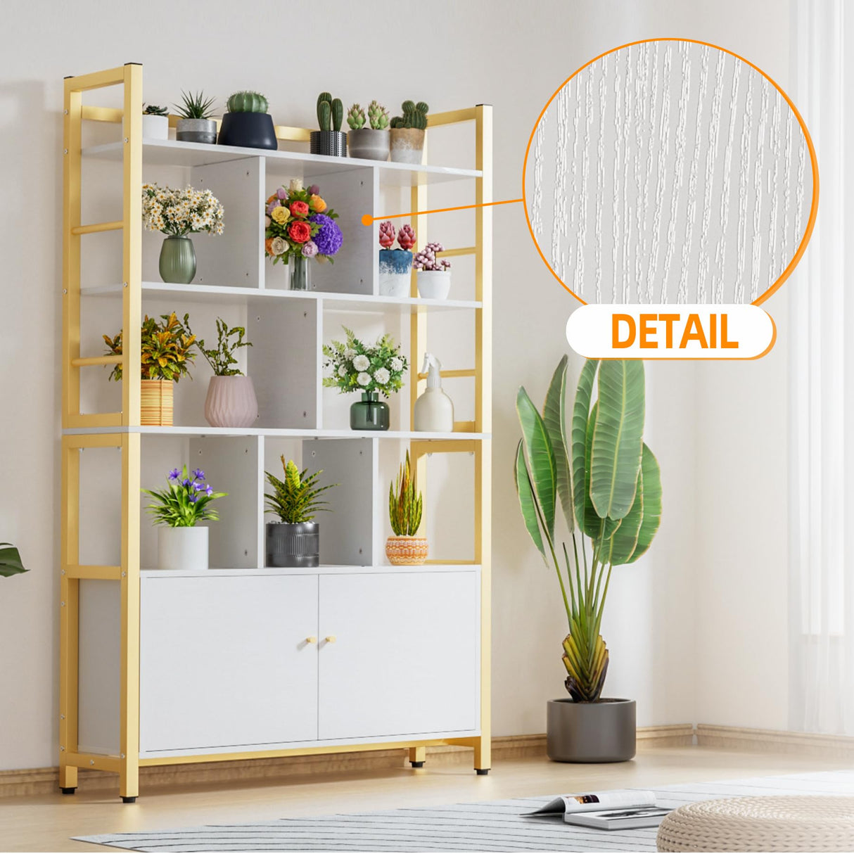 Gold and White Bookshelf with Doors, 4 Tier 39.4in Wide Heavy Duty Bookshelves