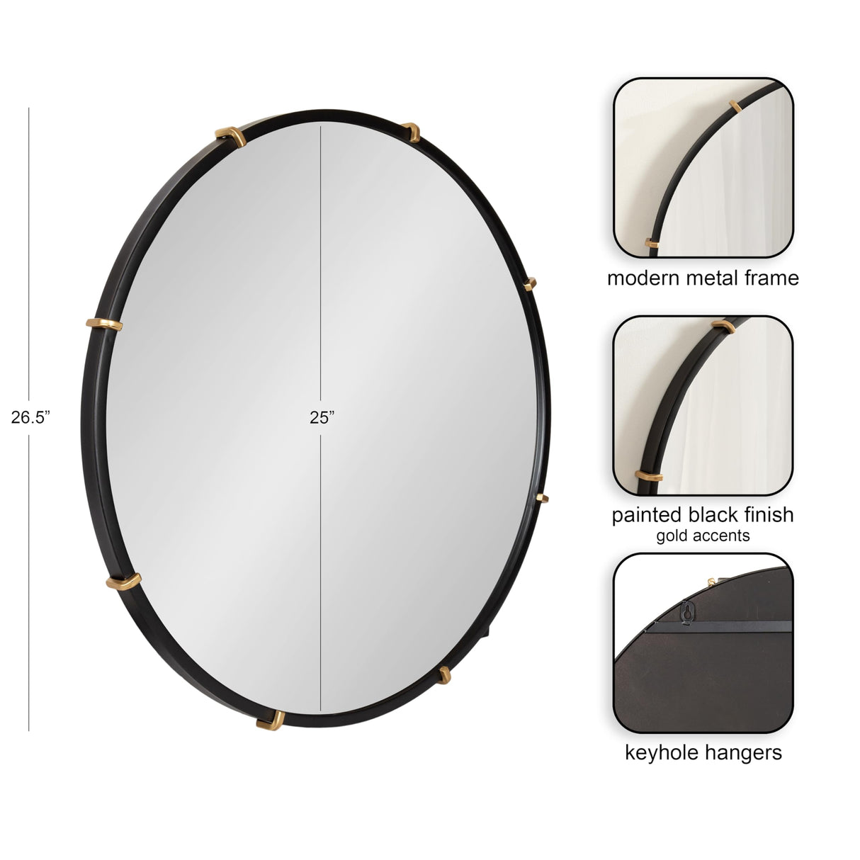 Venturi Modern Round Metal Wall Mirror - 27 Inch Black & Gold