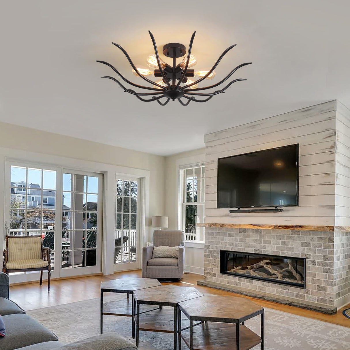 Semi Flush Mount Ceiling Light, 6-Light Modern Close to Ceiling Light Fixtures, 31.5" Kitchen Ceiling Lights Black Light Fixture for Dining Room Living Room Bedroom Bathroom Entryway Hallway Farmhouse