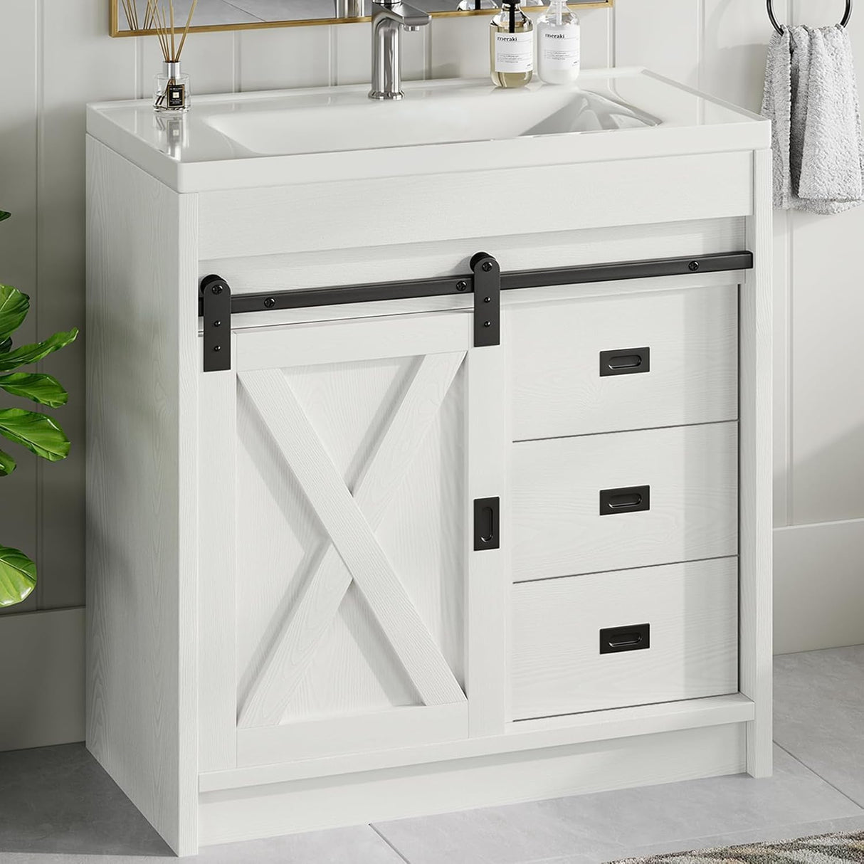 Farmhouse Bathroom Vanity with Sink, White Bathroom Vanity Cabinet with 3 Drawers