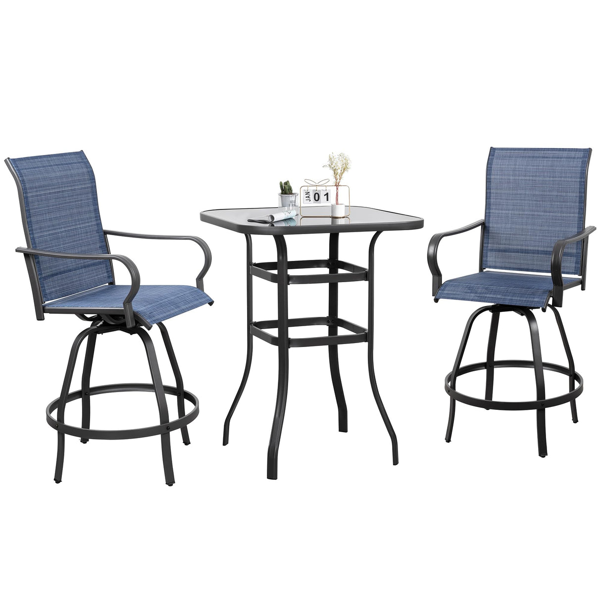 3 Pieces Outdoor Swivel Bar Set, All Weather Textile Fabric Patio High Bar Stool Bistro Set