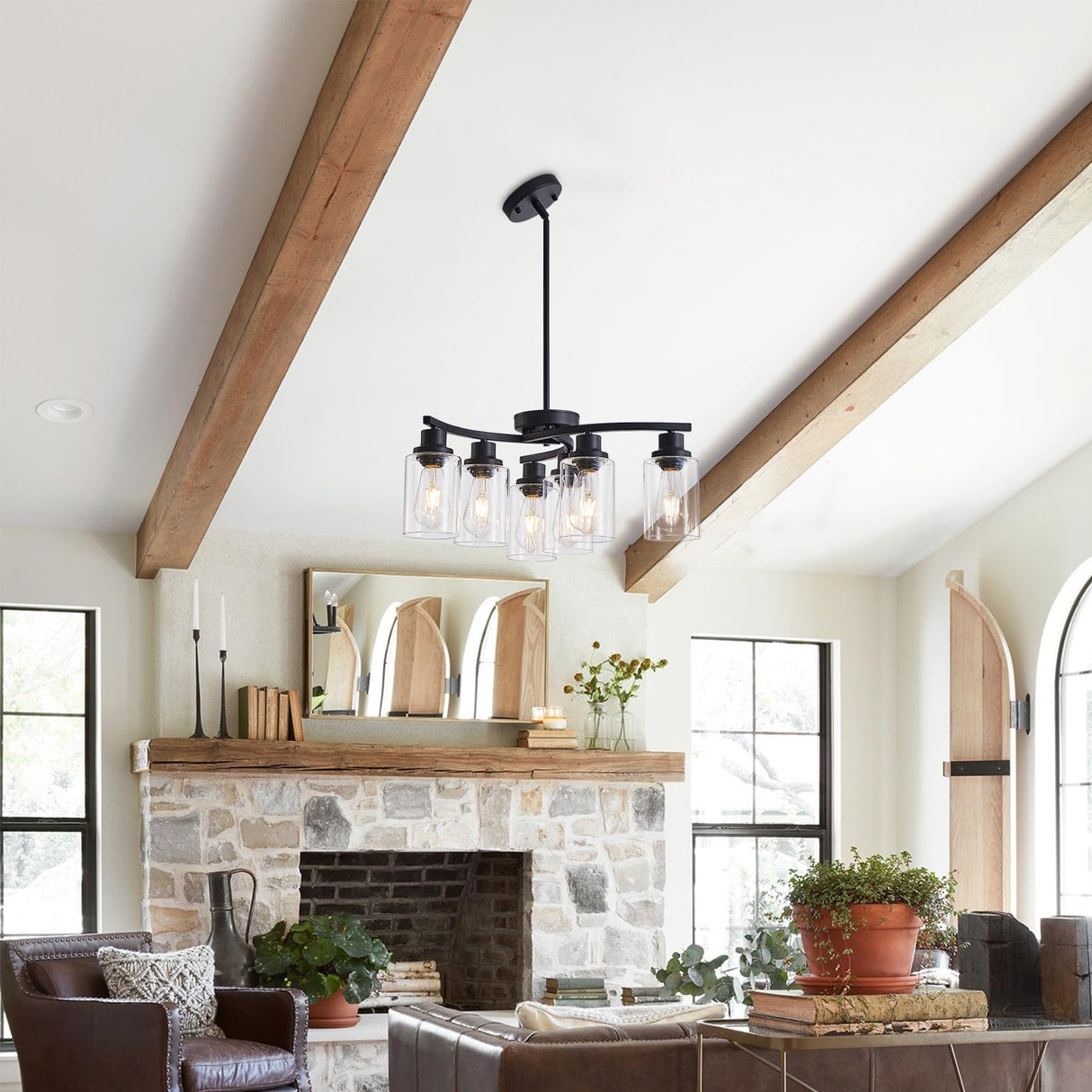 OTeedo 6-Light Modern Farmhouse Black Chandeliers for Dining Room,Kitchen Black Chandeliers Over Table,Adjustable Height Hanging Whirlwind Pendant Lights,Clear Glass Shade Ceiling Light Fixture